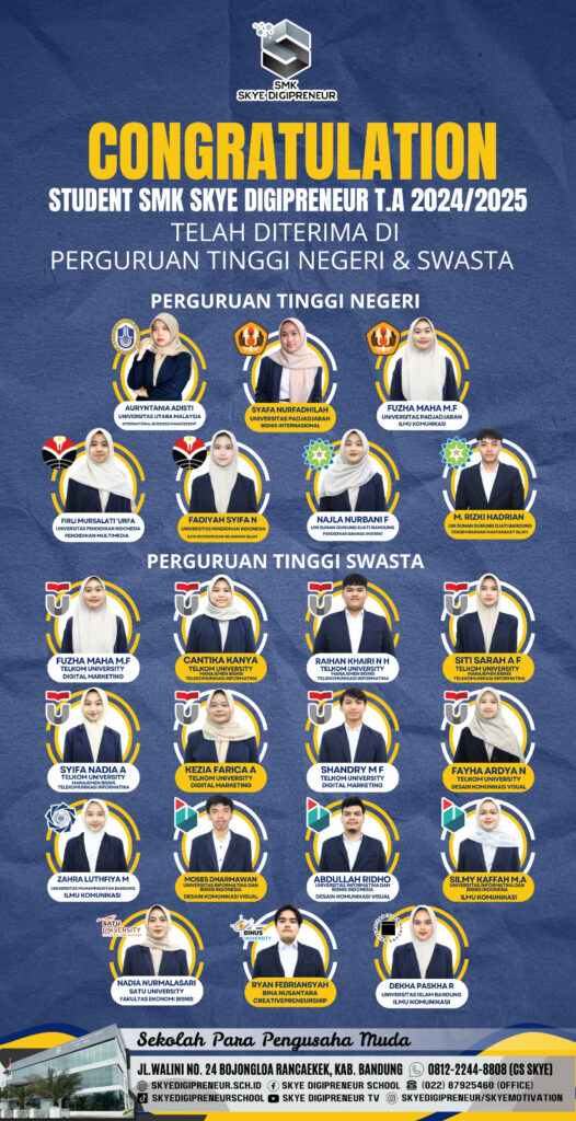 Selamat dan Sukses untuk Alumni SMK Skye Digipreneur T.A 2024/2025 yang Lolos ke Perguruan Tinggi Negeri & Swasta Favorit!
